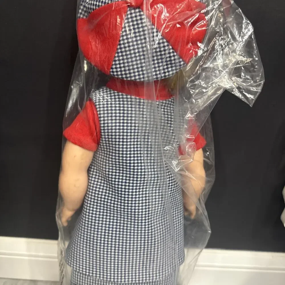 Vintage 19” Hard Plastic Blonde Girl Doll Blue Gingham Dress Red Trim *